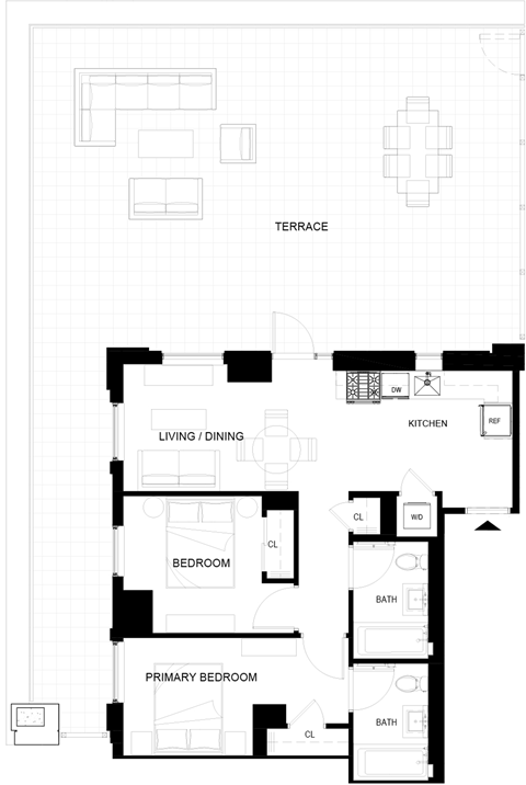 Floor plan for 2 beds, 2 baths, 707 sqft